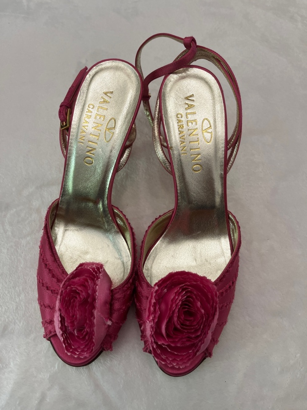 Valentino Garavani Fuchsia Satin Floral Rosette Slingback Heels